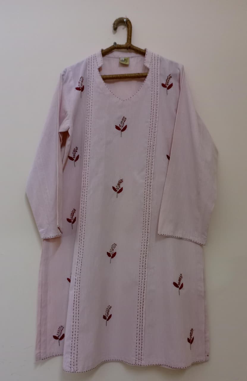 Soft blush pink kurta adorned with delicate hand embroidery, perfect for casual and semi-formal wear. Its elegant floral motifs bring a graceful and timeless charm to your look.